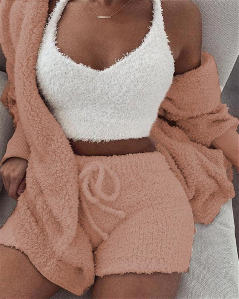 Merry & Bright 3pcs Womens Clothing Long Sleeve Crop Tank Top And Drawstring Shorts Pajama Set