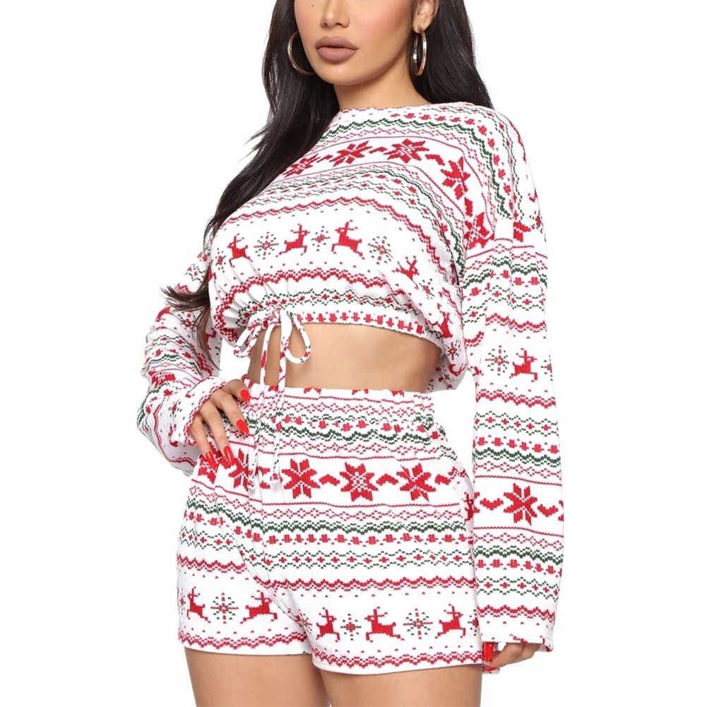 Merry & Bright Women Christmas Pajama Sets Long Sleeve Crop Top Shorts 2Pcs