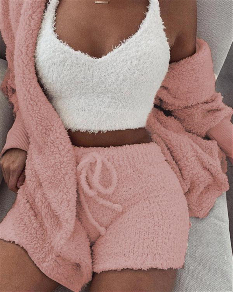 Merry & Bright 3pcs Womens Clothing Long Sleeve Crop Tank Top And Drawstring Shorts Pajama Set
