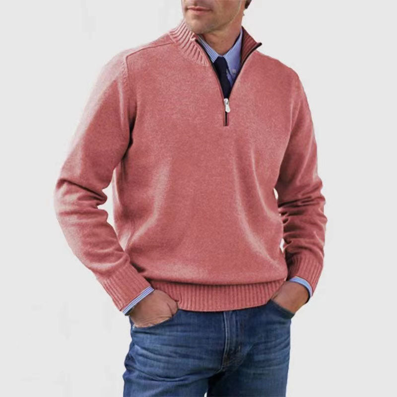 Merry & Bright Men's Stand Collar Zipper Sweater Winter Fashion Solid Color Long Sleeve Knitted Top Clothing
