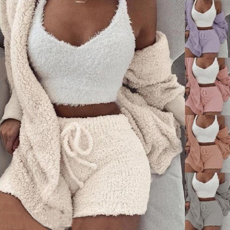Merry & Bright 3pcs Womens Clothing Long Sleeve Crop Tank Top And Drawstring Shorts Pajama Set