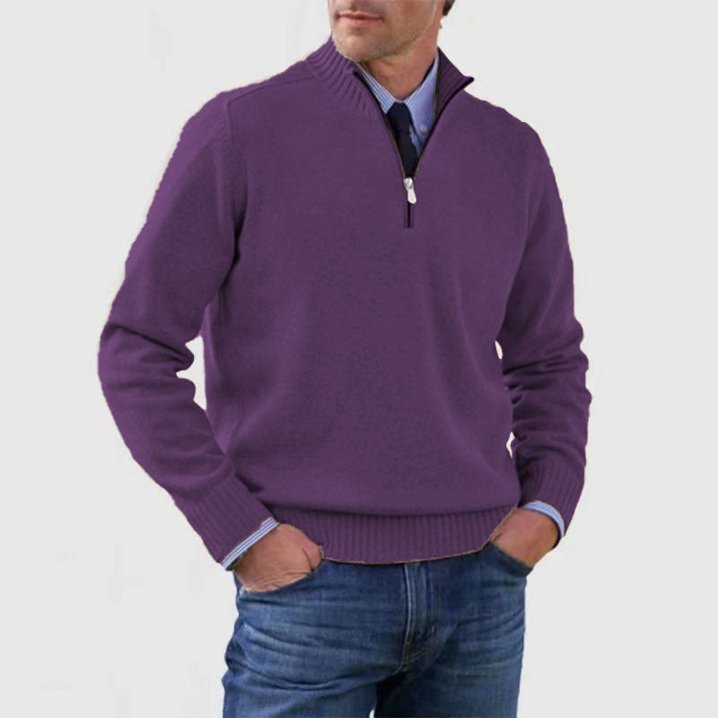 Merry & Bright Men's Stand Collar Zipper Sweater Winter Fashion Solid Color Long Sleeve Knitted Top Clothing