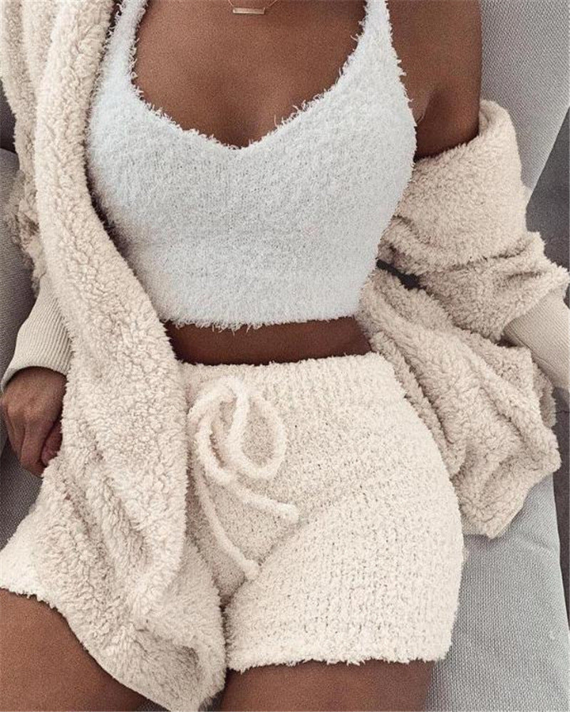Merry & Bright 3pcs Womens Clothing Long Sleeve Crop Tank Top And Drawstring Shorts Pajama Set