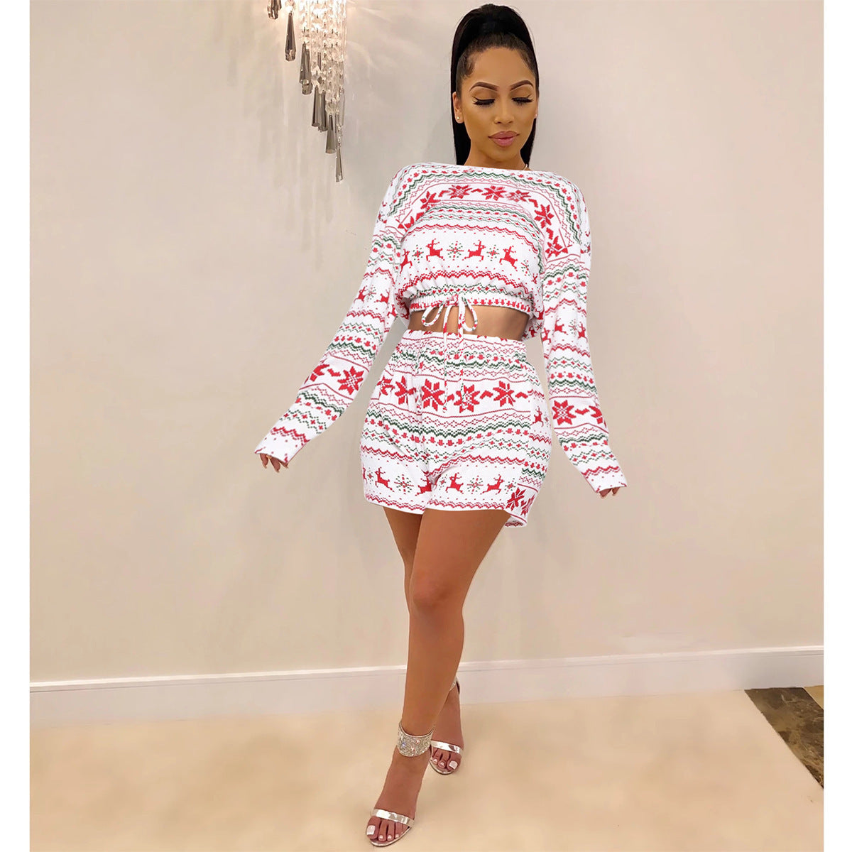 Merry & Bright Women Christmas Pajama Sets Long Sleeve Crop Top Shorts 2Pcs