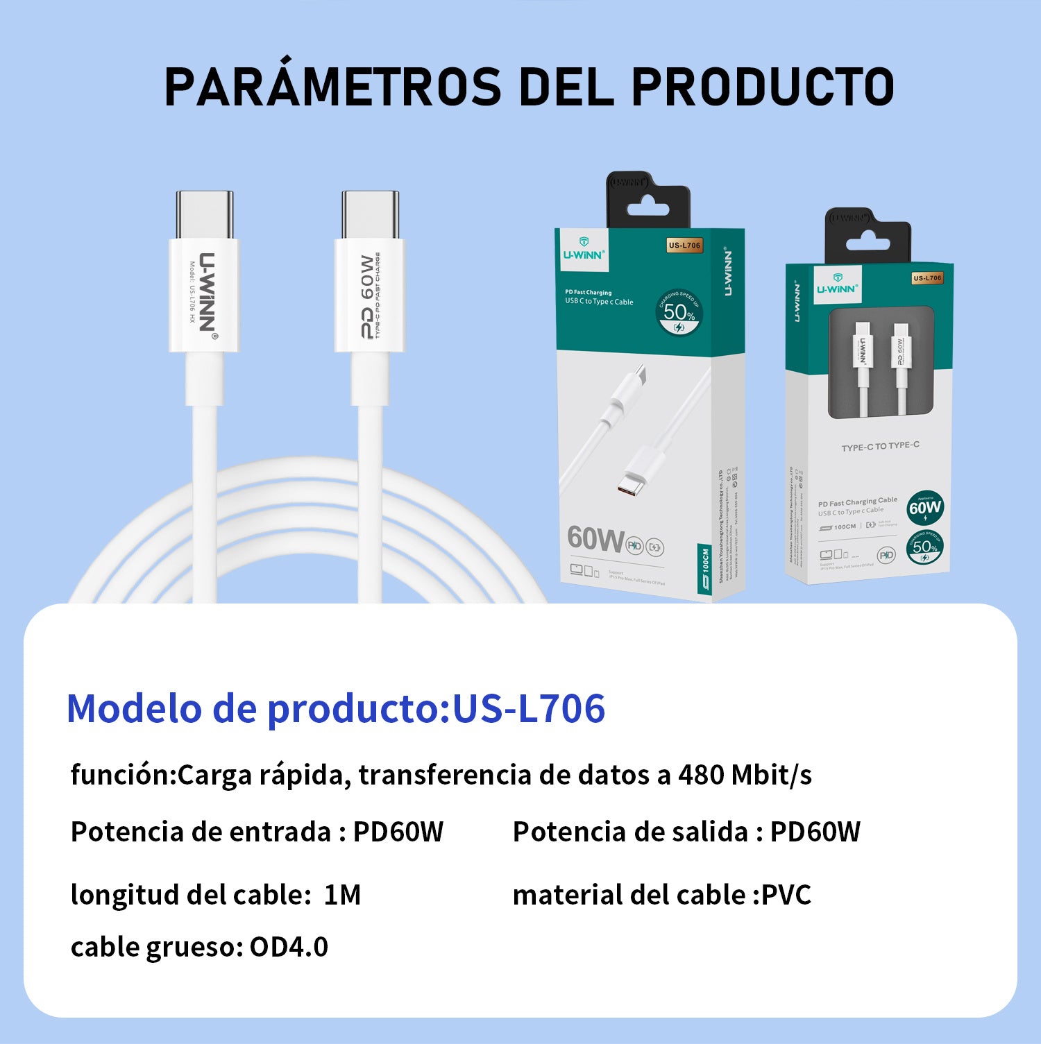 Merry & Bright USB-C To USB-C Cable PD 60W 1M White USB 3.0 UWINN