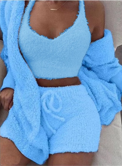 Merry & Bright 3pcs Womens Clothing Long Sleeve Crop Tank Top And Drawstring Shorts Pajama Set