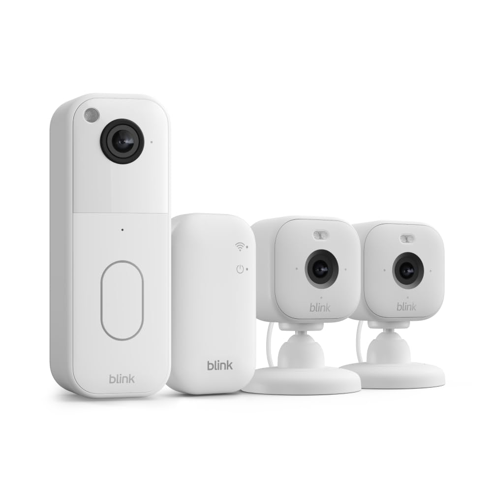 Merry & Bright All-new Blink Video Doorbell + Mini 2 – Motion & chime alerts, HD viewing, and two way audio. Sync Module Core included – 1 camera system + two Mini 2 (White/White)