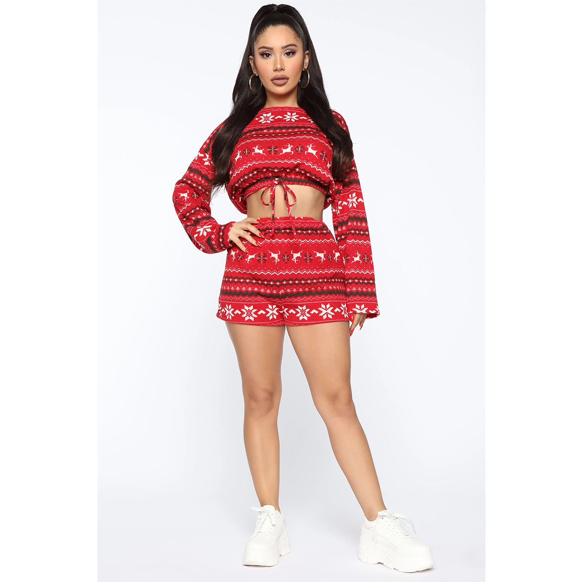 Merry & Bright Women Christmas Pajama Sets Long Sleeve Crop Top Shorts 2Pcs