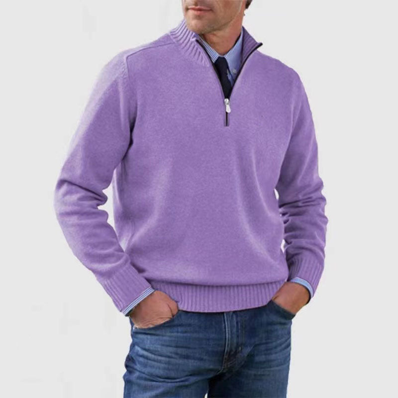Merry & Bright Men's Stand Collar Zipper Sweater Winter Fashion Solid Color Long Sleeve Knitted Top Clothing