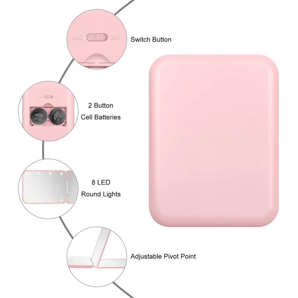 Merry & Bright LED Travel Mirror – Compact Pink Makeup Mirror with 8 Lights