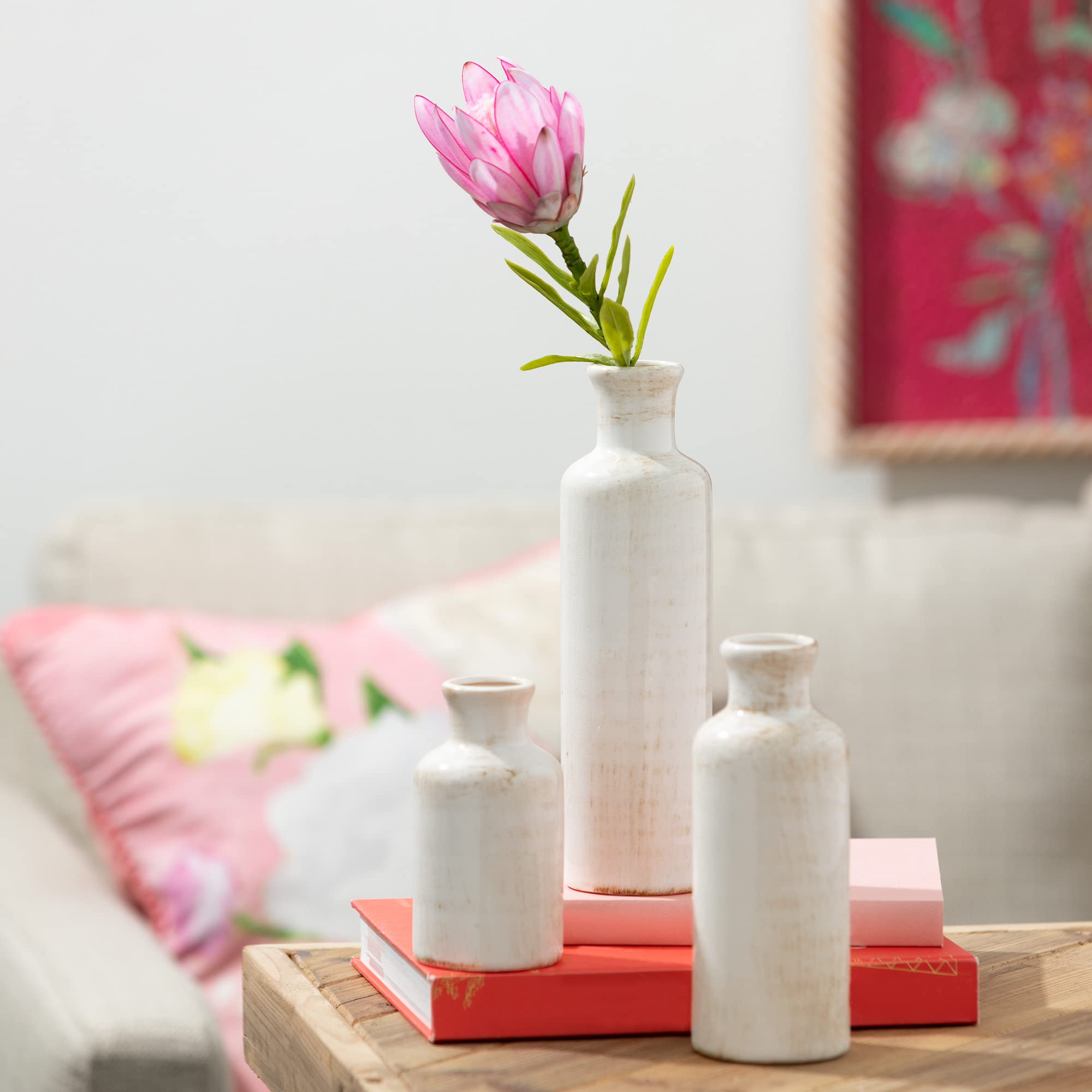 Merry & Bright  Ceramic Farmhouse Vase Set – Distressed White, 3-Piece