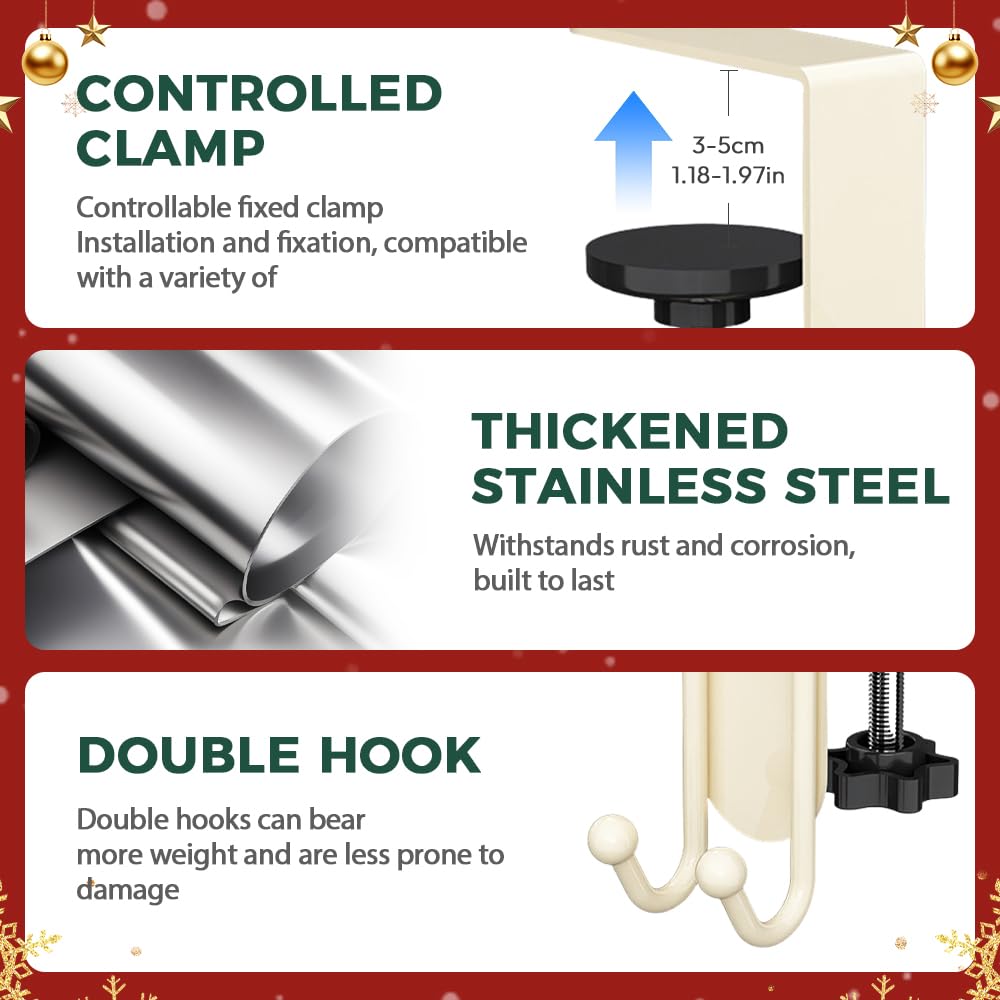 Merry & Bright 2025 Adjustable Gray 2-in-1 Stocking & Garland Holders – Heavy-Duty Metal Mantel Hooks (Set of 4)