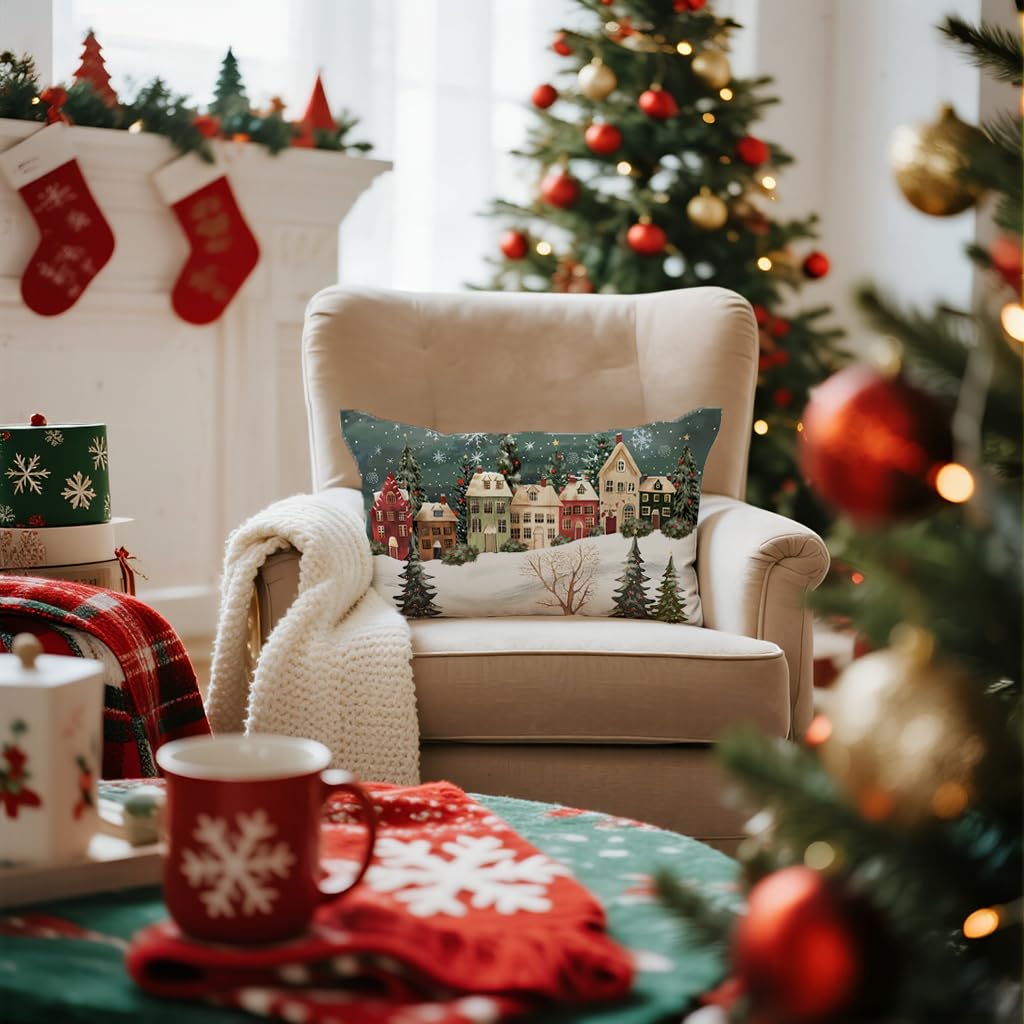 Merry & Bright: Green Christmas Linen Pillow Cover – 12x20 Inch Holiday Decor