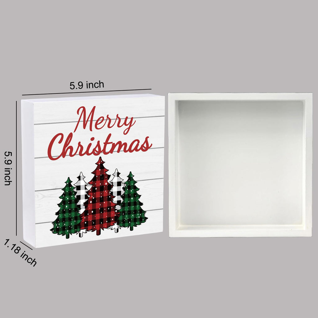 Merry & Bright: Plaid Tree Wood Table Sign – Christmas Holiday Décor, 5.9x5.9 inch