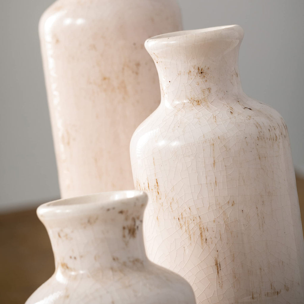 Merry & Bright  Ceramic Farmhouse Vase Set – Distressed White, 3-Piece