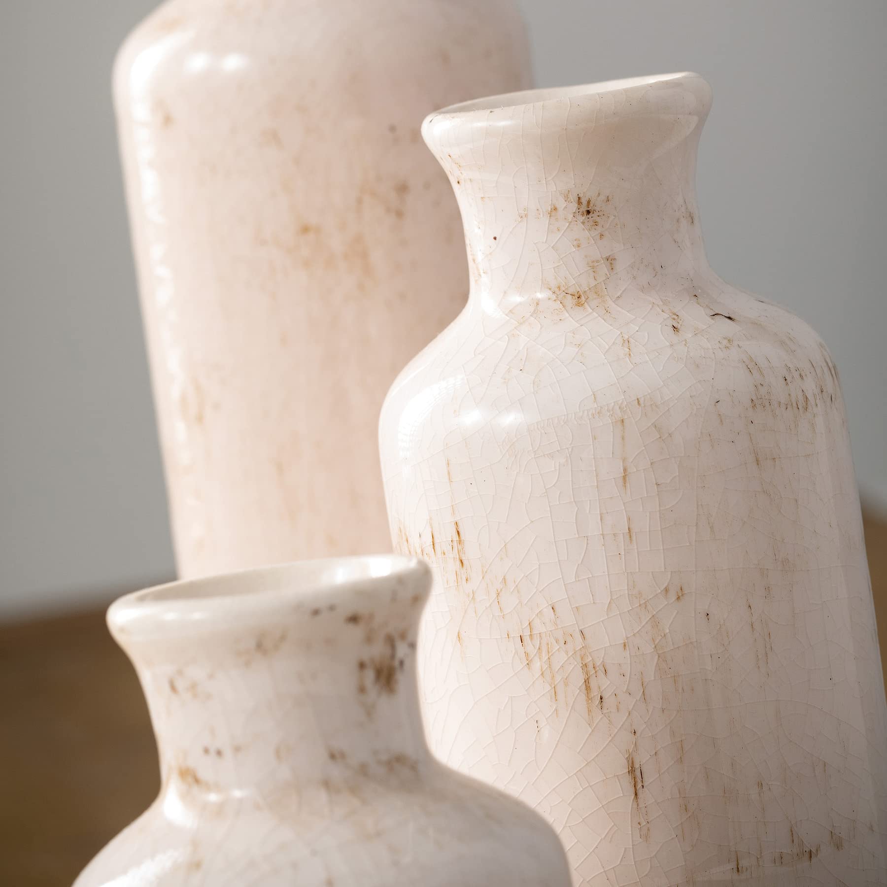 Merry & Bright  Ceramic Farmhouse Vase Set – Distressed White, 3-Piece