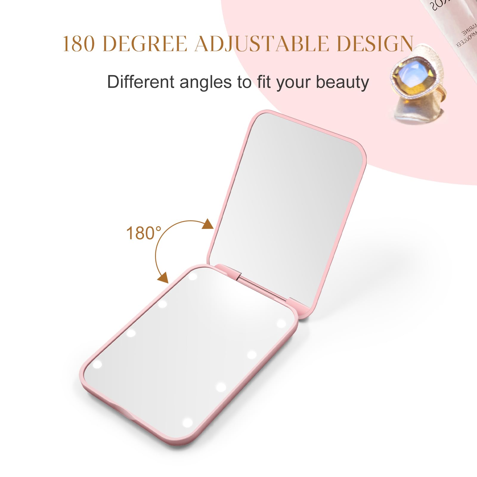 Merry & Bright LED Travel Mirror – Compact Pink Makeup Mirror with 8 Lights