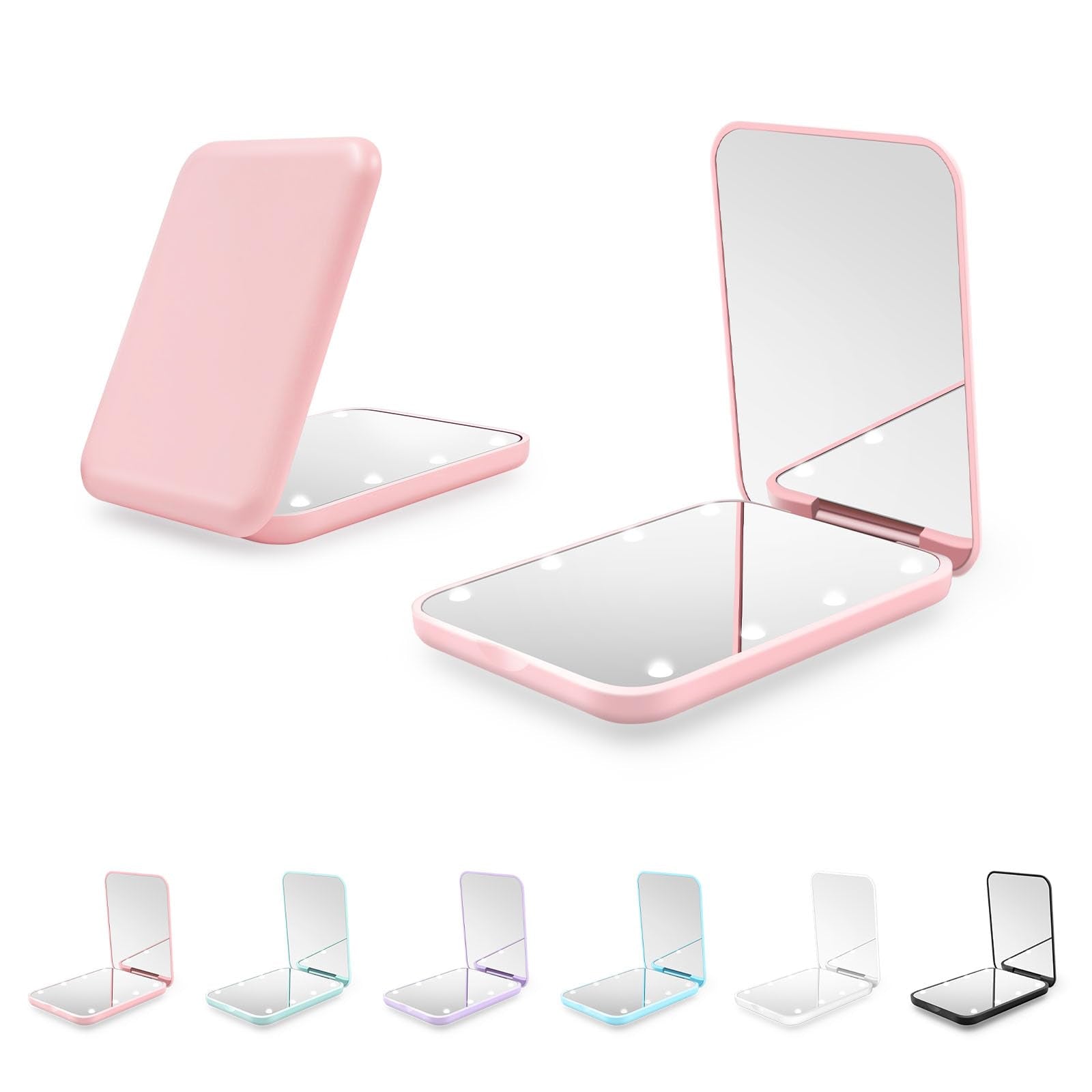 Merry & Bright LED Travel Mirror – Compact Pink Makeup Mirror with 8 Lights
