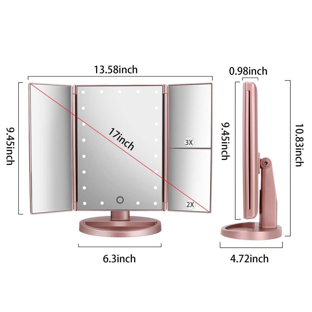 Merry & Bright LED Tri-Fold Makeup Mirror – Rose Gold, 21 Lights