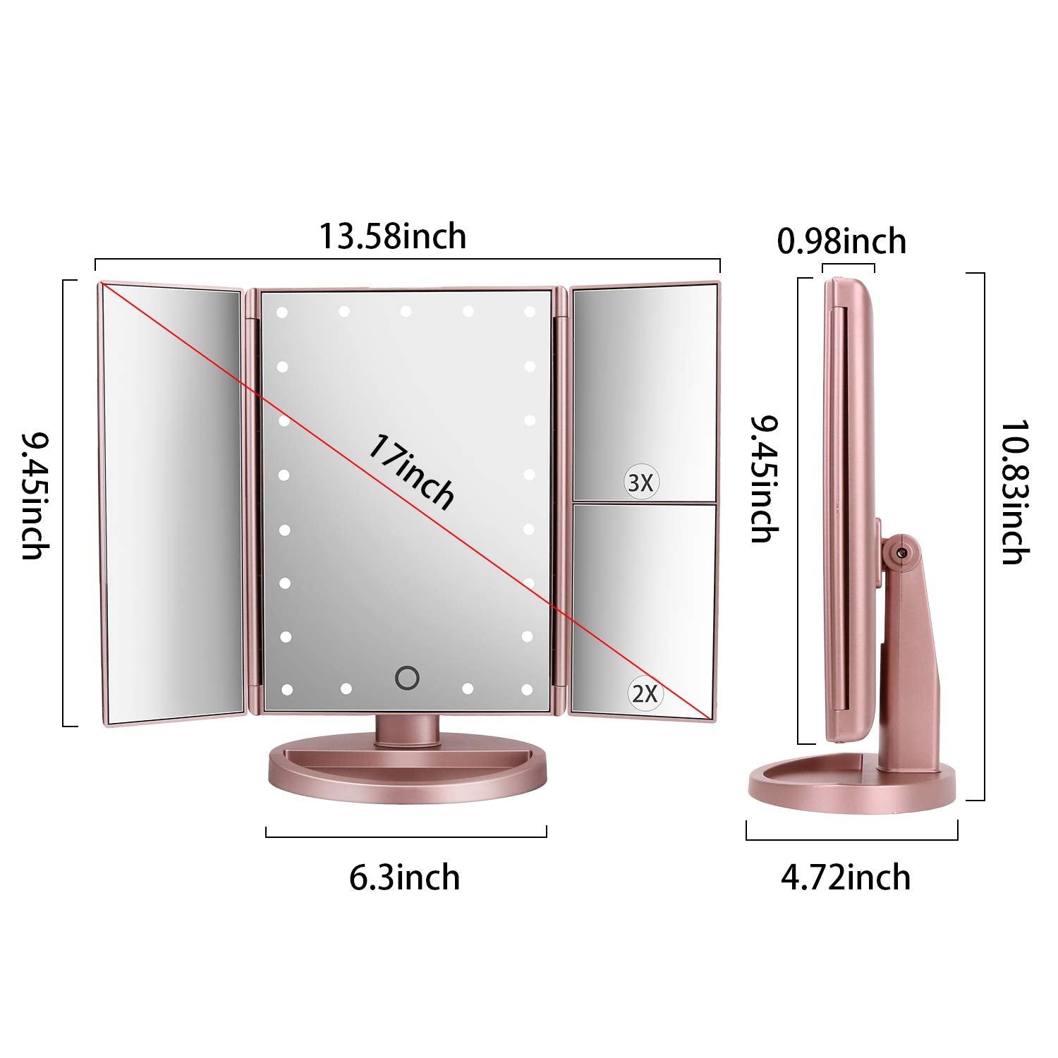 Merry & Bright LED Tri-Fold Makeup Mirror – Rose Gold, 21 Lights