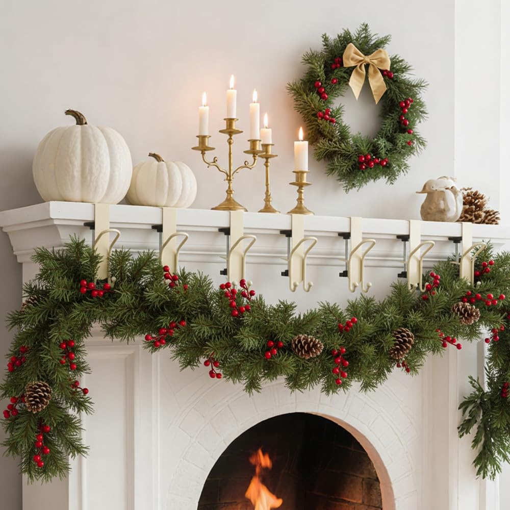 Merry & Bright 2025 Adjustable Gray 2-in-1 Stocking & Garland Holders – Heavy-Duty Metal Mantel Hooks (Set of 4)