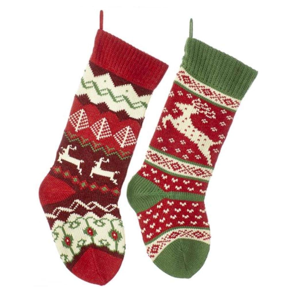 Merry & Bright Red, Green & Ivory Knit Reindeer Christmas Stockings – Set of 2