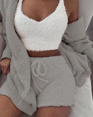 Merry & Bright 3pcs Womens Clothing Long Sleeve Crop Tank Top And Drawstring Shorts Pajama Set