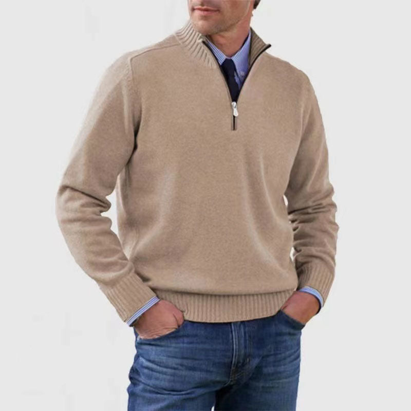 Merry & Bright Men's Stand Collar Zipper Sweater Winter Fashion Solid Color Long Sleeve Knitted Top Clothing