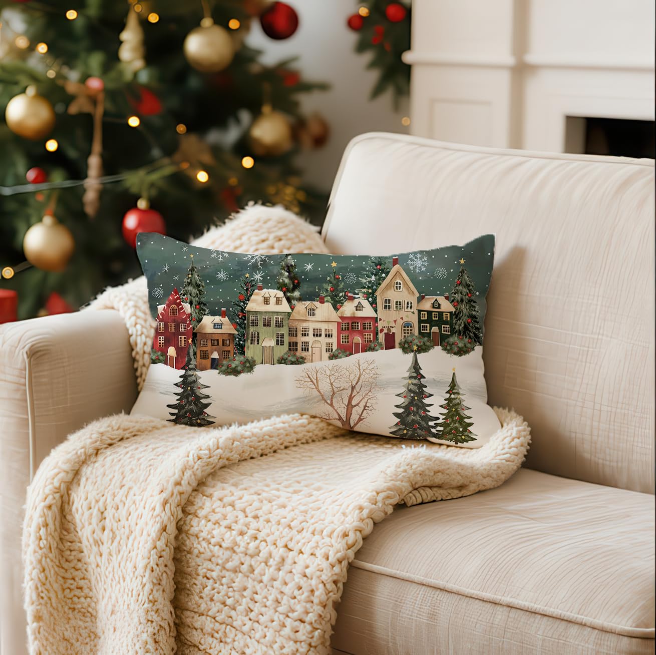 Merry & Bright: Green Christmas Linen Pillow Cover – 12x20 Inch Holiday Decor