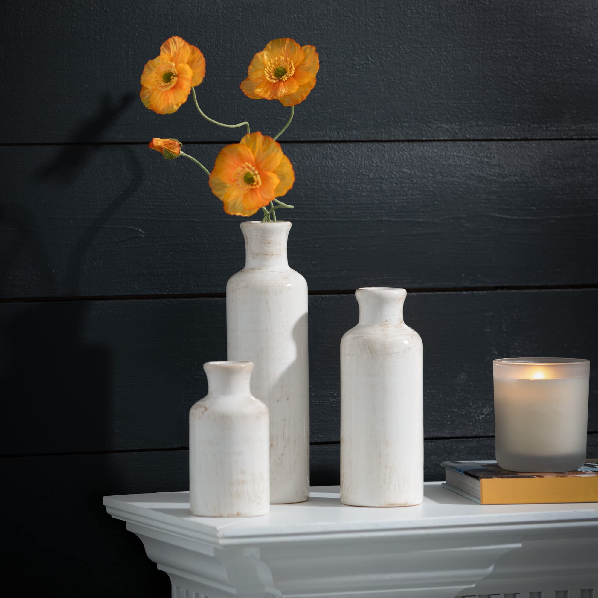 Merry & Bright  Ceramic Farmhouse Vase Set – Distressed White, 3-Piece