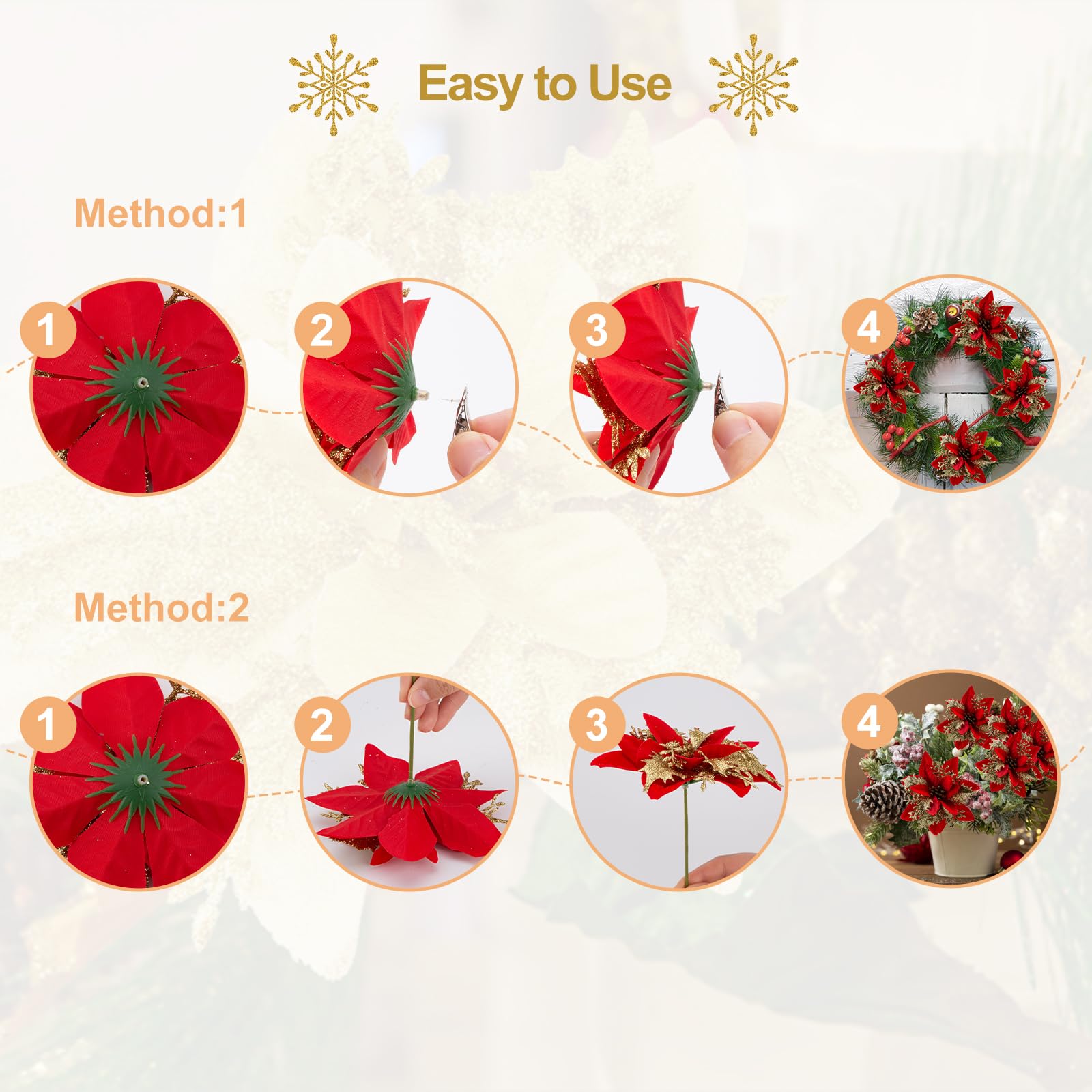 Merry & Bright Red & Gold Glitter Poinsettia Flowers – 30PCS