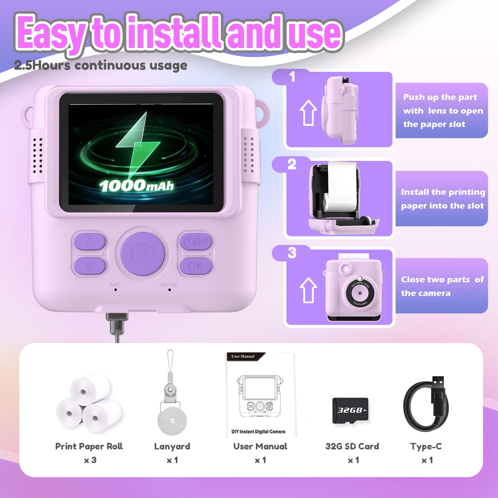 Merry & Bright Instant Print Camera for Kids – Purple | Fun HD Digital Camera with 32GB SD Card & Instant Prints | Perfect Christmas Gift for Girls & Boys