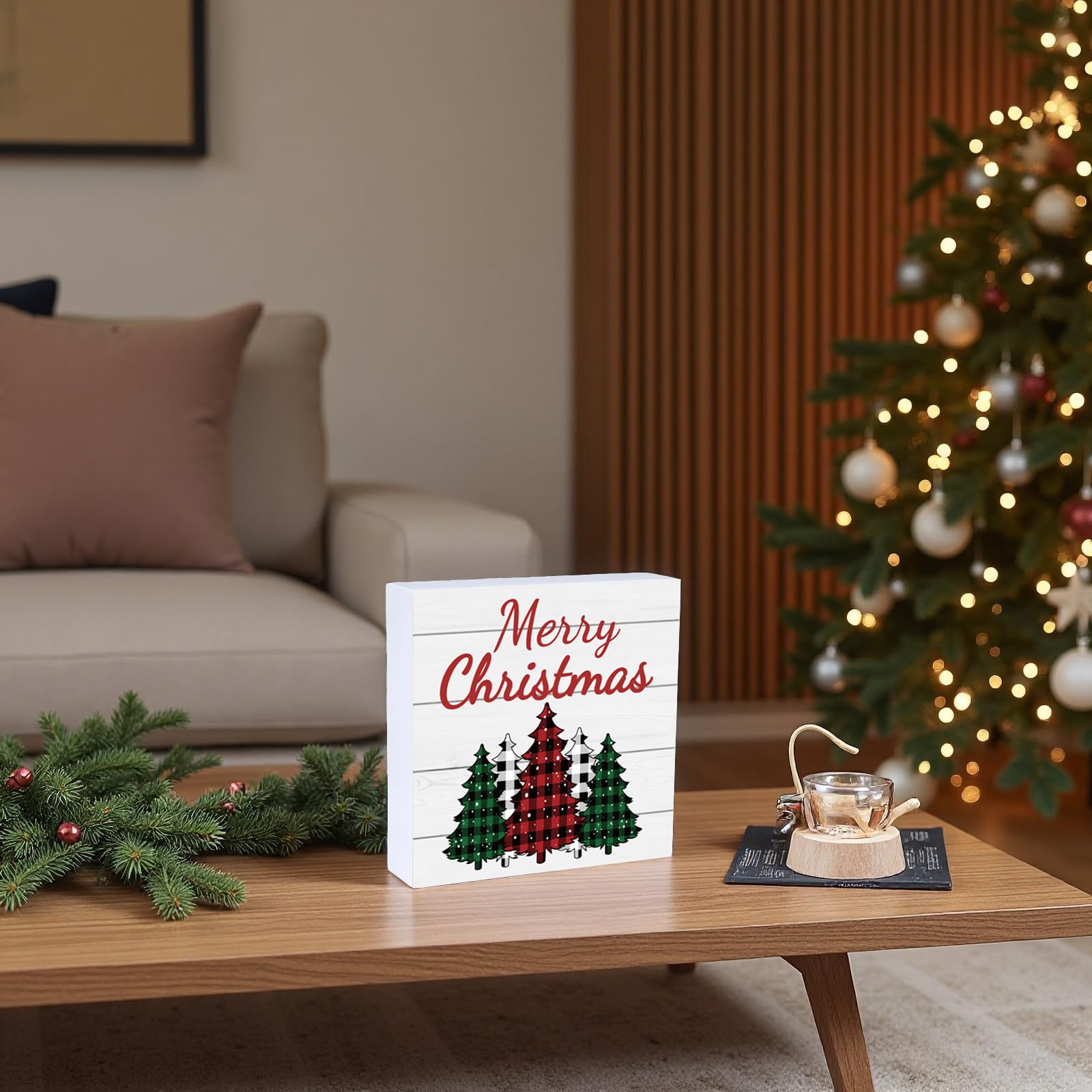 Merry & Bright: Plaid Tree Wood Table Sign – Christmas Holiday Décor, 5.9x5.9 inch
