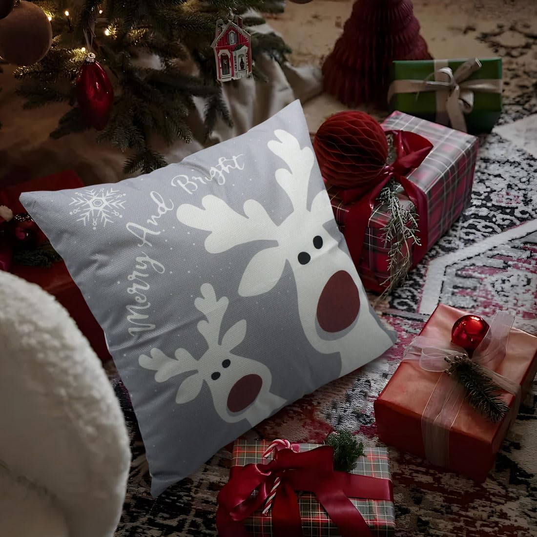 Merry & Bright: Christmas Pillow Covers Set – Snowman, Deer, Tree, Winter Holiday Decor, 18x18 inch
