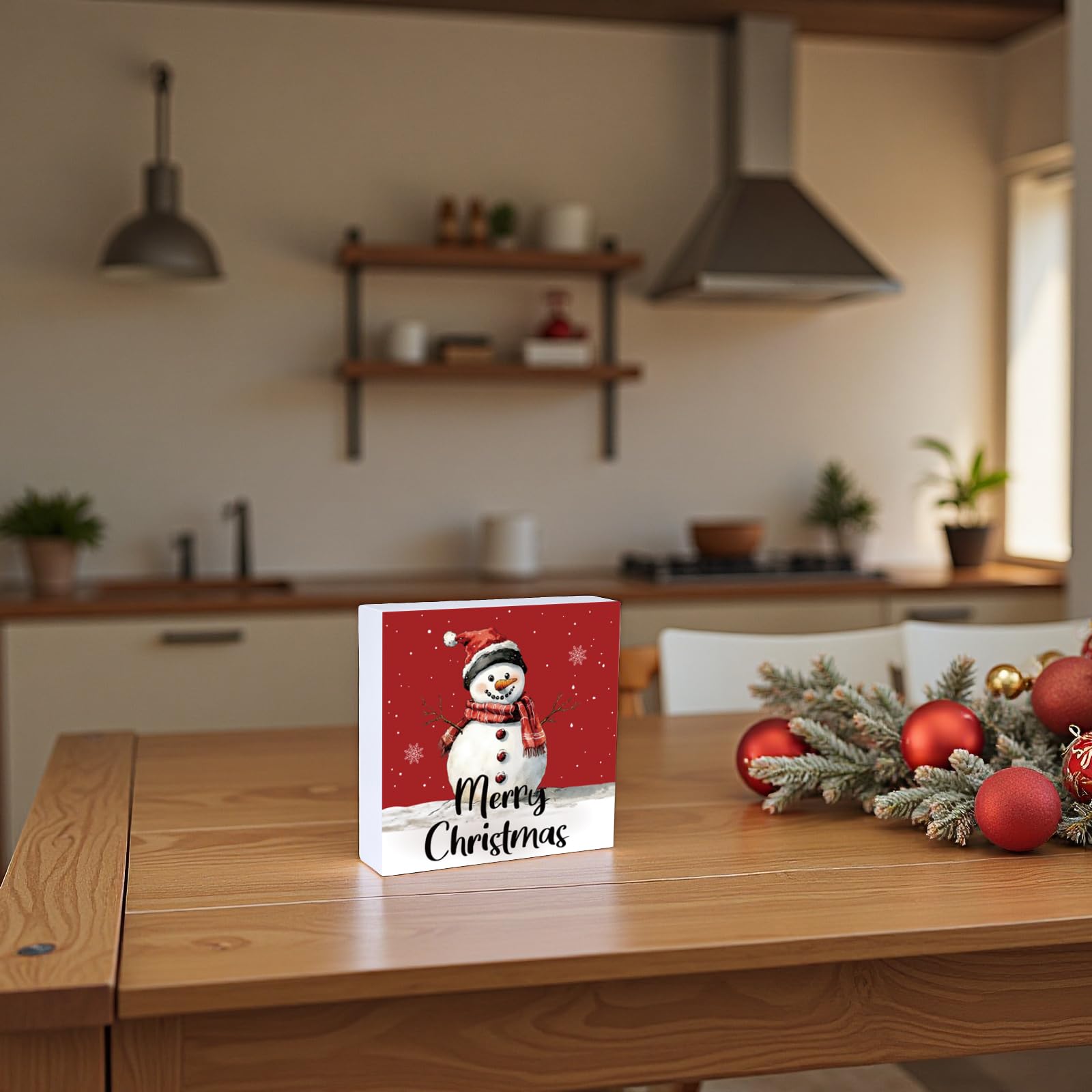 Merry & Bright: Snowman Wood Table Sign – Christmas Holiday Décor, 5.9x5.9 inch