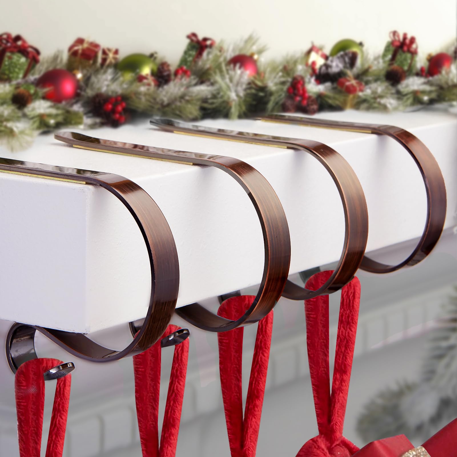 Merry & Bright Adjustable Bronze Christmas Stocking Holders for Mantel (Set of 4) – Sleek, Scratch-Free, Heavy-Duty Metal Hooks