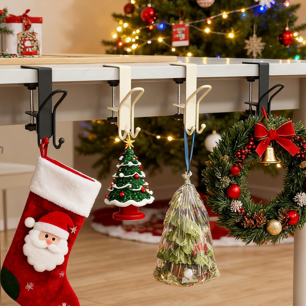 Merry & Bright 2025 Adjustable Gray 2-in-1 Stocking & Garland Holders – Heavy-Duty Metal Mantel Hooks (Set of 4)
