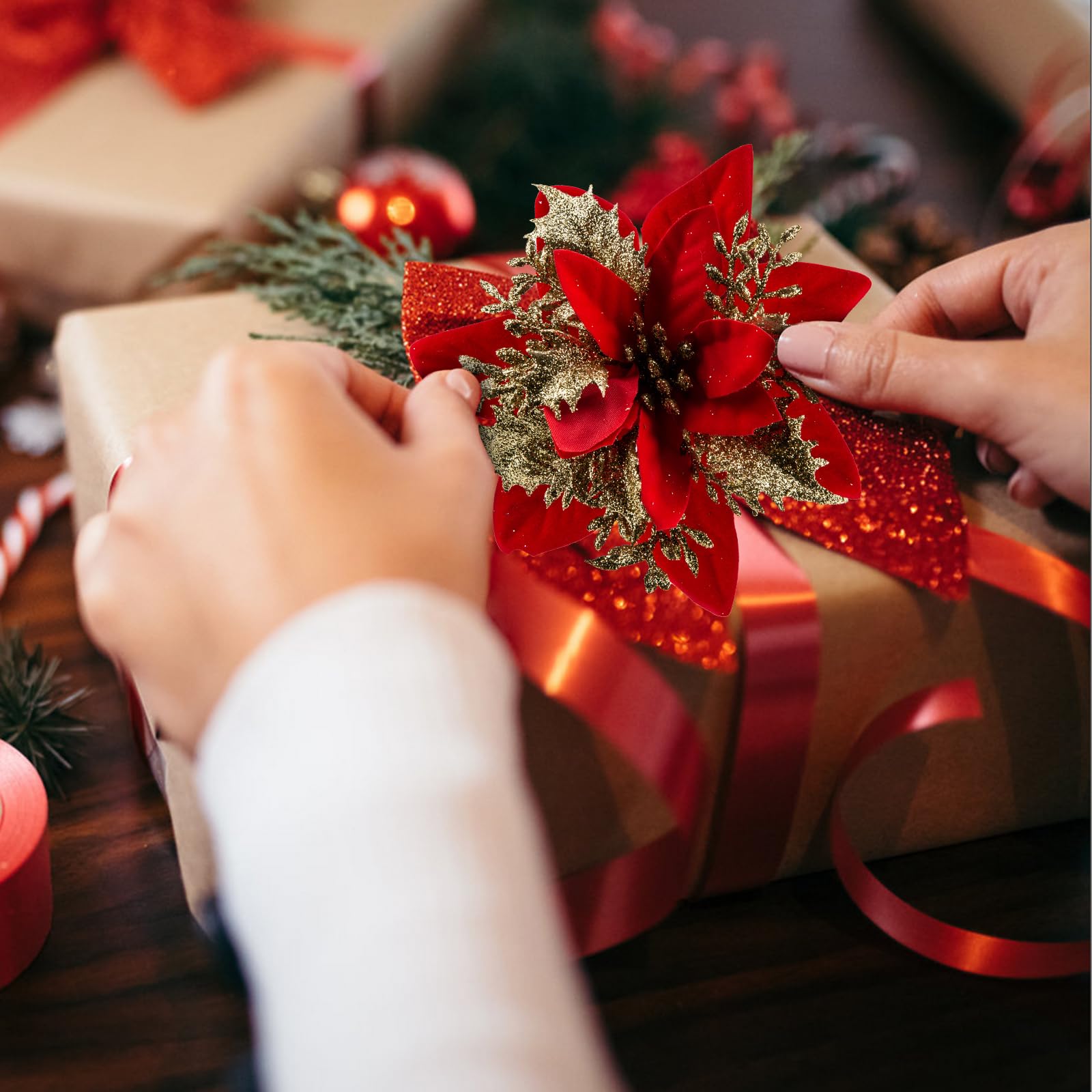 Merry & Bright Red & Gold Glitter Poinsettia Flowers – 30PCS