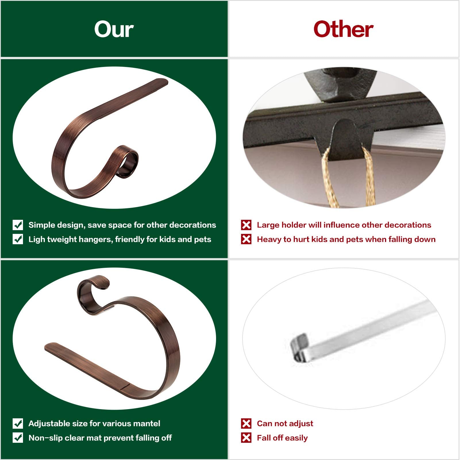 Merry & Bright Adjustable Bronze Christmas Stocking Holders for Mantel (Set of 4) – Sleek, Scratch-Free, Heavy-Duty Metal Hooks