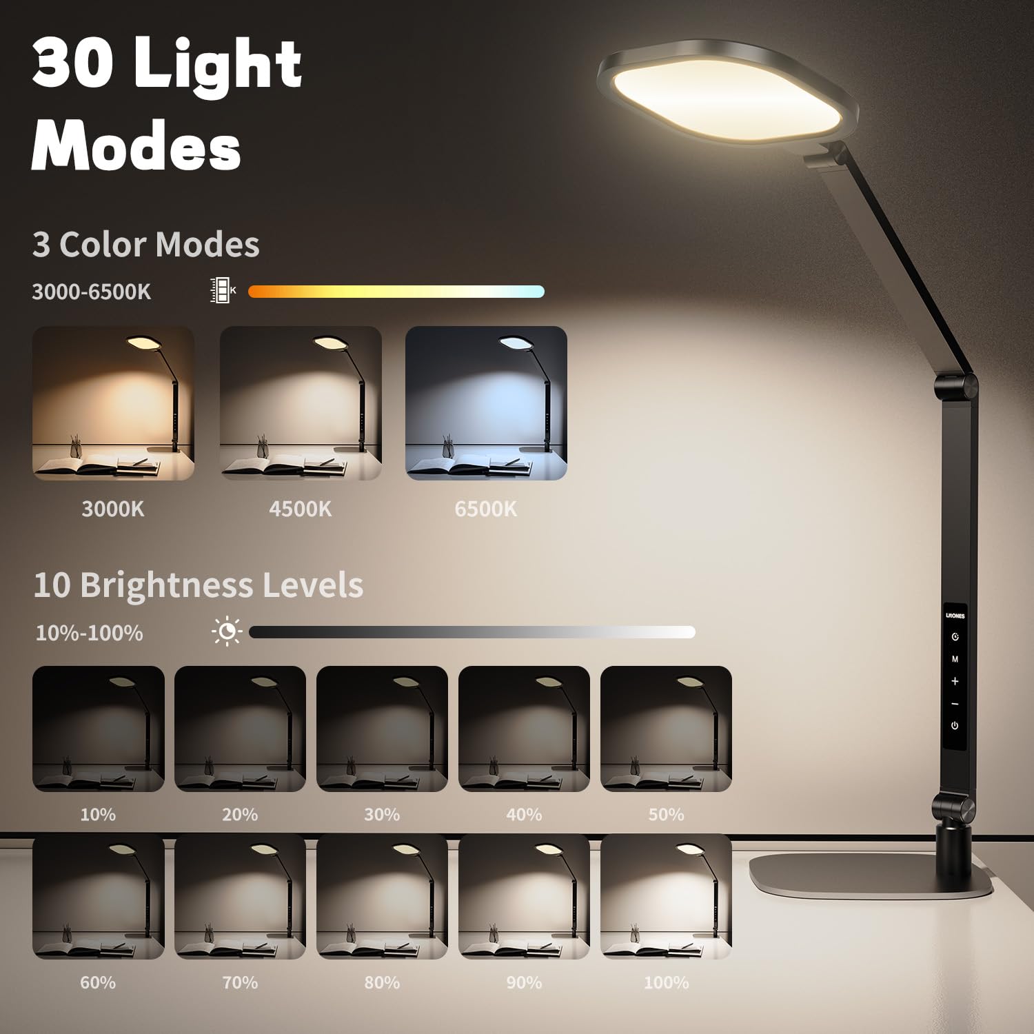 Merry & Bright  LED Desk Lamp – Adjustable Black Desktop Light with 30 Modes