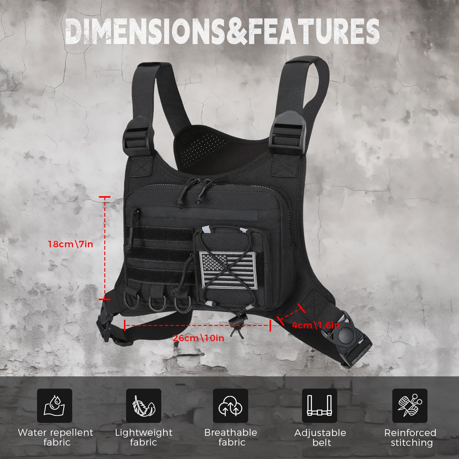 Merry & Bright Outdoor Sports Chest Bag for Men, Chest Vest Holster Fits Most Pistols, Adjustable EDC Travel Chest Pack for Running, Hiking, Workouts (Black)