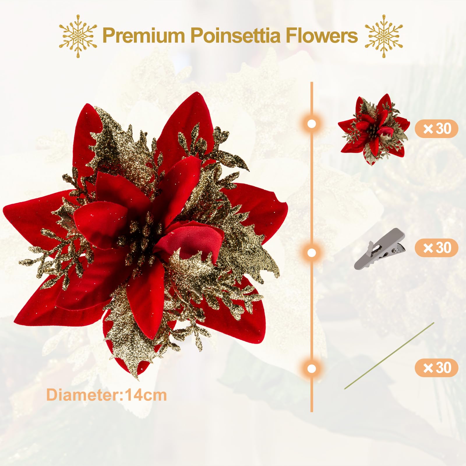 Merry & Bright Red & Gold Glitter Poinsettia Flowers – 30PCS