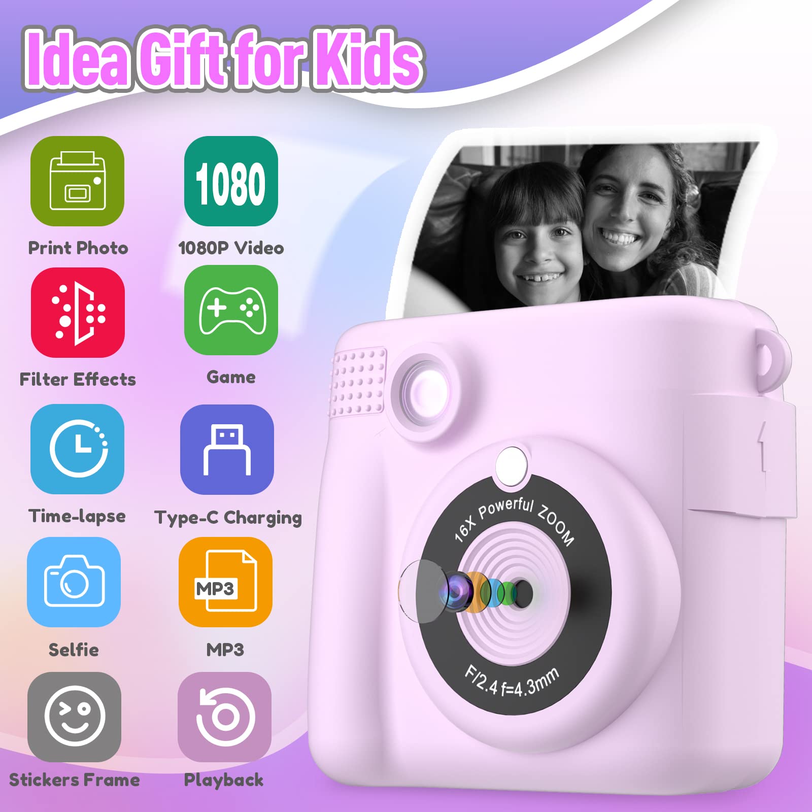 Merry & Bright Instant Print Camera for Kids – Purple | Fun HD Digital Camera with 32GB SD Card & Instant Prints | Perfect Christmas Gift for Girls & Boys