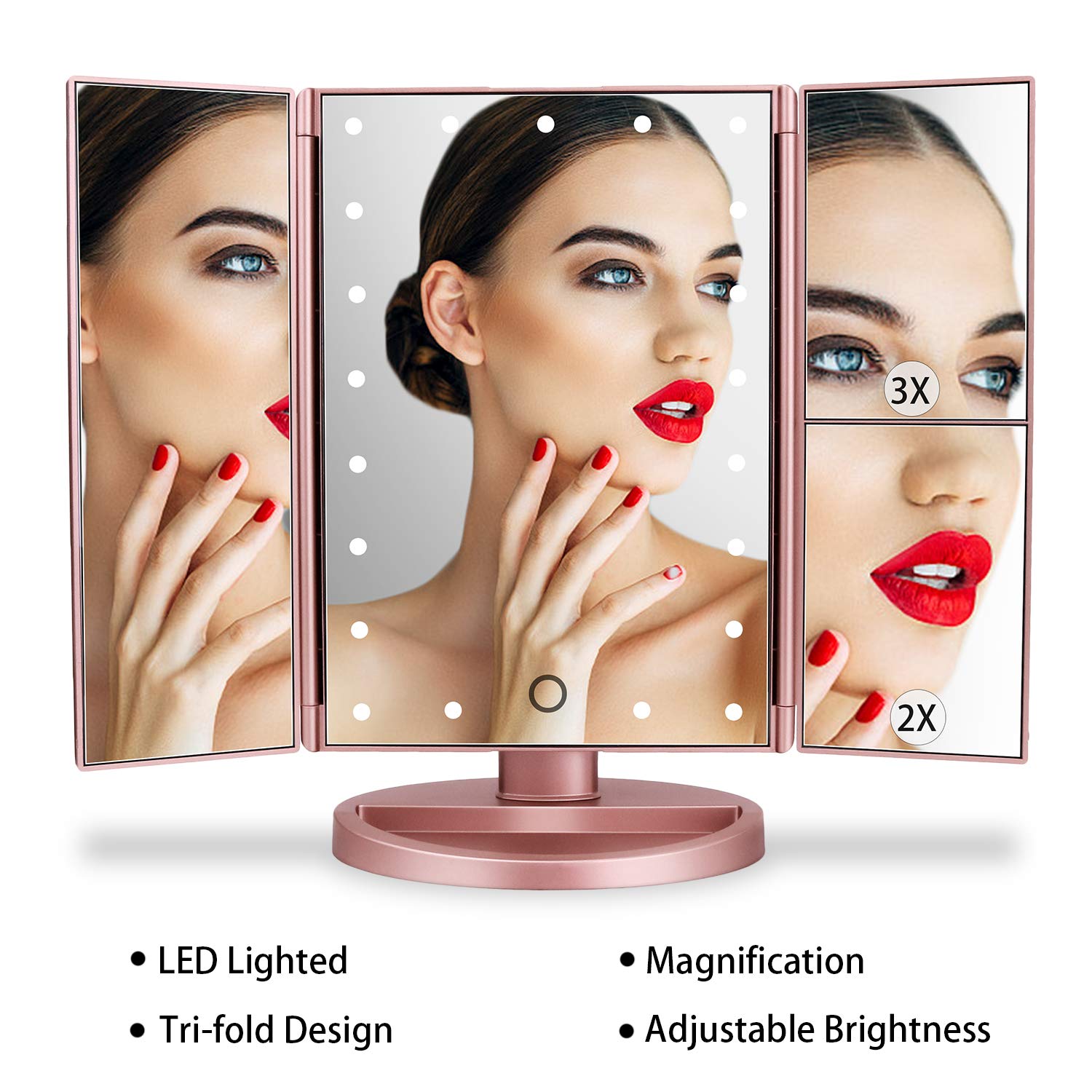 Merry & Bright LED Tri-Fold Makeup Mirror – Rose Gold, 21 Lights