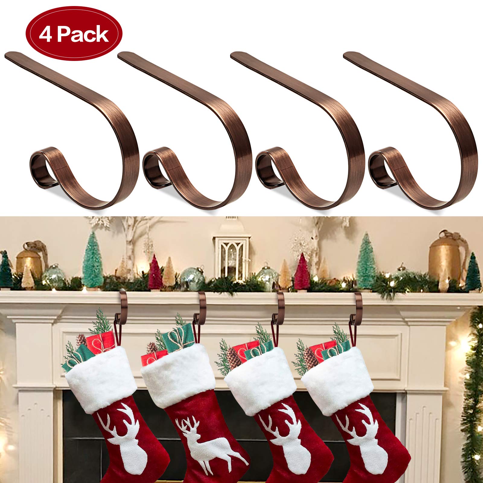 Merry & Bright Adjustable Bronze Christmas Stocking Holders for Mantel (Set of 4) – Sleek, Scratch-Free, Heavy-Duty Metal Hooks