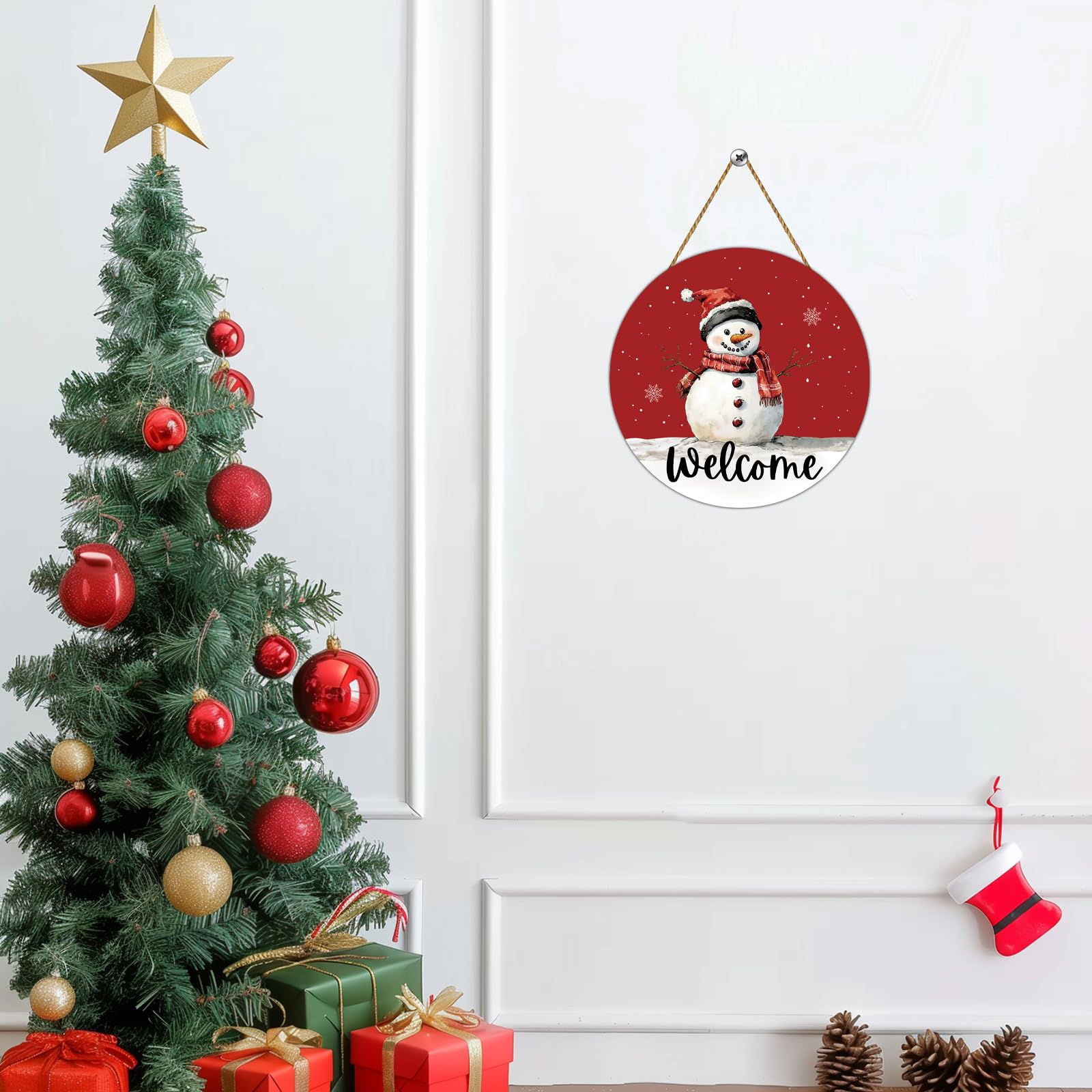 Merry & Bright: Christmas Snowman Door Sign – “Welcome” Holiday Decoration, 12x12 inch