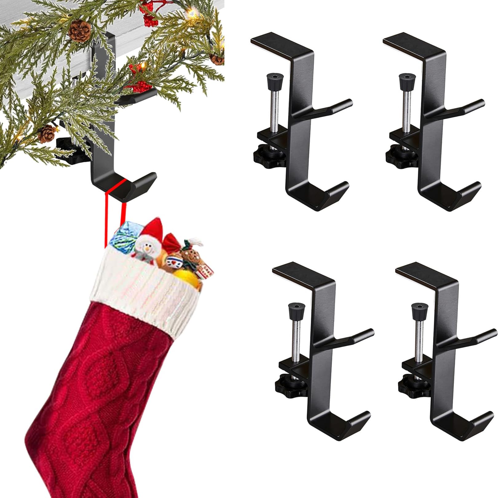 Merry & Bright Adjustable Black Double Hook Stocking & Garland Holders (Set of 4)
