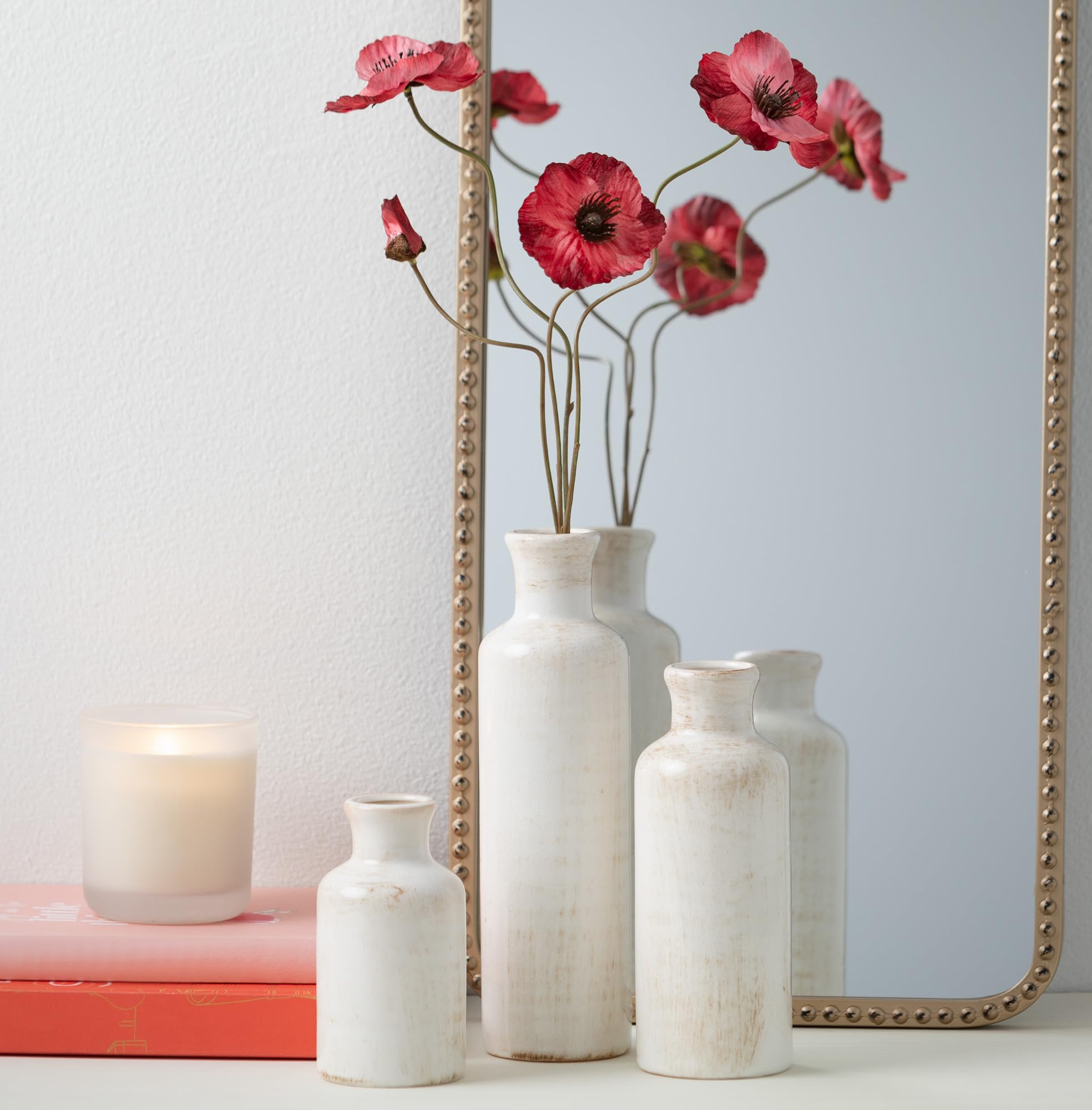 Merry & Bright  Ceramic Farmhouse Vase Set – Distressed White, 3-Piece