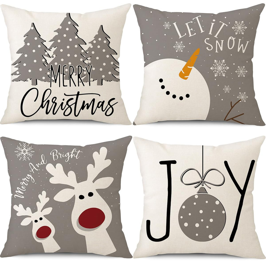 Merry & Bright: Christmas Pillow Covers Set – Snowman, Deer, Tree, Winter Holiday Decor, 18x18 inch