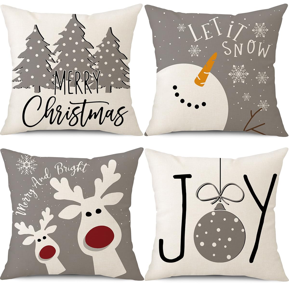 Merry & Bright: Christmas Pillow Covers Set – Snowman, Deer, Tree, Winter Holiday Decor, 18x18 inch